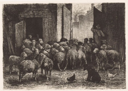 Sheep leaving the barn, print, printmaker: Albert Heinrich Brendel, Weimar, publisher: Weimarer