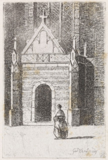 Woman at a church portal, print, printmaker: Gijsbertus Johannes Verspuy, Netherlands, 1833 - 1862,