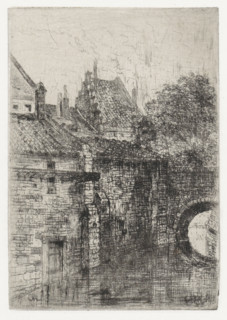 Gaer, Houses by a bridge over the Jeker, Maastricht, print, printmaker: Alexander Schaepkens, 1830