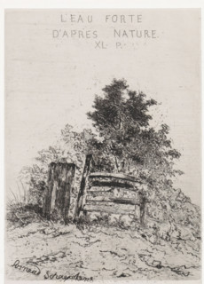 Nature-based water XL P., Fence in front of a vegetated hillock, print, printmaker: Arnoud