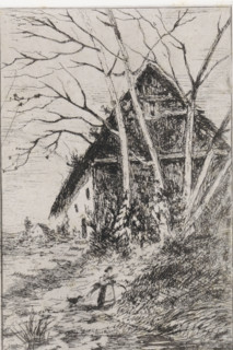 Hut under bare trees, print, printmaker: Arnoud Schaepkens, 1855 - 1904, paper, chine collé,