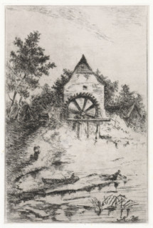View of a watermill, print, printmaker: Arnoud Schaepkens, 1855 - 1904, paper, chine collé,