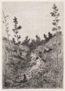 Walkers on a path between two hills, print, printmaker: Arnoud Schaepkens, 1855 - 1904, paper,