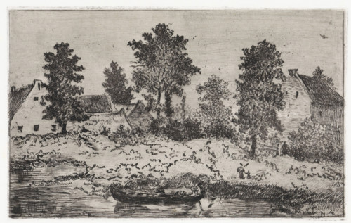 Houses by the river, print, printmaker: Arnoud Schaepkens, 1855 - 1904, paper, chine collé,