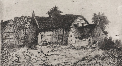 Group of thatched houses, print, printmaker: Arnoud Schaepkens, 1855 - 1904, paper, chine collé,