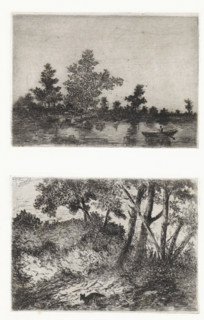 Water landscape with rowboat, Woodland landscape with a fox, print, printmaker: Arnoud Schaepkens,