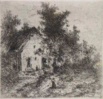 Farm under trees, print, printmaker: Arnoud Schaepkens, 1855 - 1904, paper, chine collé, etching,