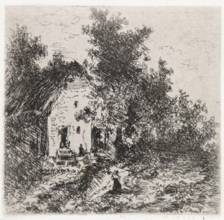 Farm under trees, print, printmaker: Arnoud Schaepkens, 1855 - 1904, paper, chine collé, etching,
