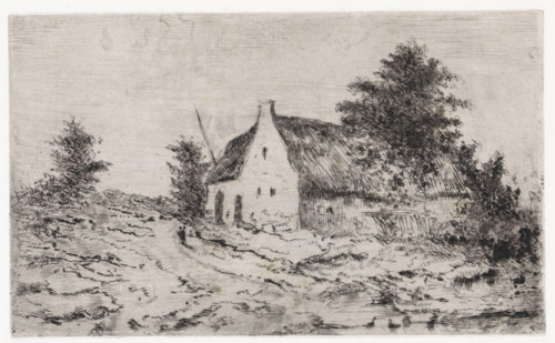 Landscape with farm and pond with ducks, print, printmaker: Arnoud Schaepkens, 1855 - 1904, paper,