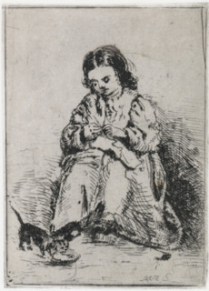 Sitting girl with knitting, print, printmaker: Arnoud Schaepkens, 1855 - 1904, paper, chine collé,