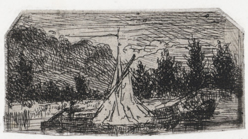 Sailing ship in a hilly landscape, print, printmaker: Arnoud Schaepkens, 1831 - 1904, paper, chine
