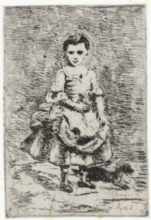 Young girl with dog, print, printmaker: Arnoud Schaepkens, 1831 - 1904, paper, chine collé,