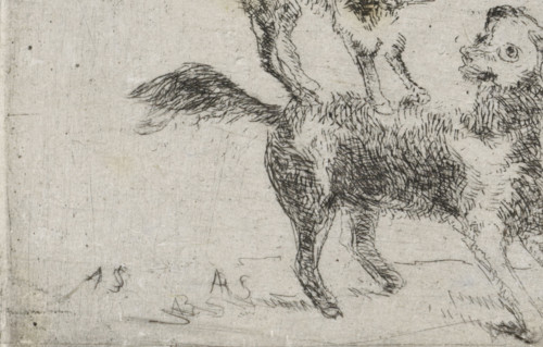 Dog and cat, print, printmaker: Arnoud Schaepkens, 1831 - 1904, paper, chine collé, etching,