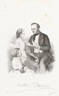 Title page for: JP Heije, Al de Kinderliederen, 1861, Man with two children, print, title page, A
