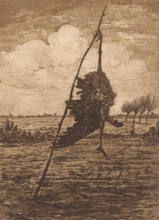 Dead bird as a scarecrow in a meadow, print, printmaker: Jan Willem Nortier (signed by artist),