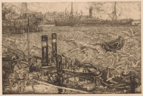 Harbour with tugboats in Rotterdam, print, On the right in the foreground two tugboats moored at a