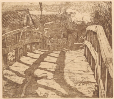 Bridge in the Baarsjes in Amsterdam, print, A wooden bridge whose railing casts a shadow on the