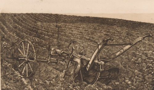 Plow in a field, print, printmaker: Pieter Dupont, France, c. 1900, paper, etching, intaglio