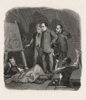 Sleeping painter caught, print, In an attic room, three men look down on a painter lying on the