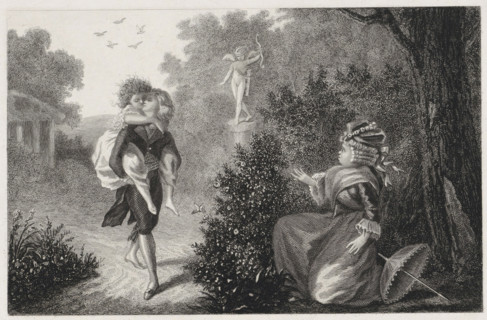 Old lady looks at a kissing couple, print, An older woman kneeling behind a bush looks shocked at a