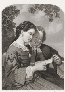 Two women with a letter, print, printmaker: Dirk Jurriaan Sluyter, Amsterdam, 1826 - 1886, paper,