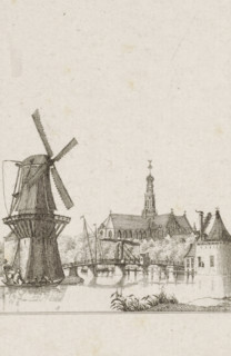 View of the Spaarne in Haarlem, Spaarne Haarlem, print, with figures on the left with barrels in a
