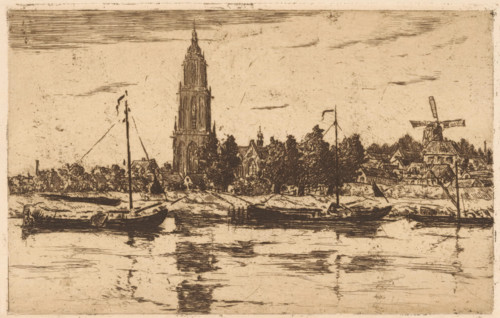 View of Rhenen, print, In the foreground the Lower Rhine. On the left the tower of the Cunerakerk,