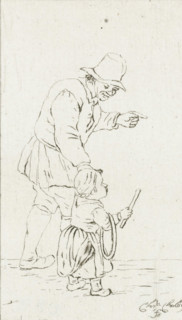 Standing man with child with hoop, print, A father plays with his son. He has the child by the hand