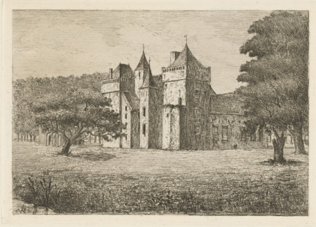 Assumburg Castle, print, View of the side of Assumburg Castle in Heemskerk. The castle is named
