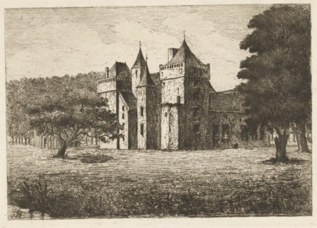 Assumburg Castle, print, View of the side of Assumburg Castle in Heemskerk. The castle is named