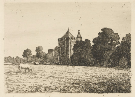 View of Brederode Castle, print, View from a meadow of Brederode Castle in Santpoort. A horse is