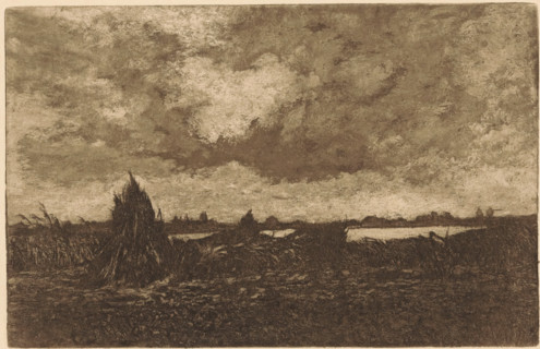 Landscape with river near Gouda, print, In the foreground a figure in a field., printmaker: Jan