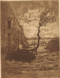 Farm in a landscape with a bare tree, Dune Landscape (former title), print, printmaker: Jan Willem