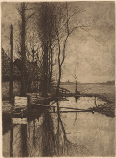 Ditch near Nootdorp, print, Trees on the left next to a farmhouse with a barn. Meadows in the