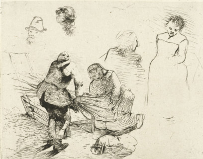 Study sheet with man with twig bush and kneeling woman by ice sled, print, printmaker: Albertus