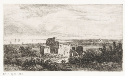 Coastal landscape with ruin, print, Series number, 14, A ruin lies in the dunes. A small church