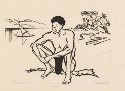 Papua (original title), print, A man sitting on a tree branch by the water. In the background