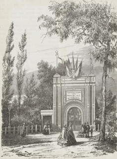 Exhibition of provincial industry in Amsterdam in 1859, print, A number of figures stand in front