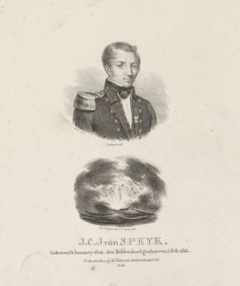 Portrait of Jan van Speyk and the explosion of his ship, print, The sitter wears a military uniform
