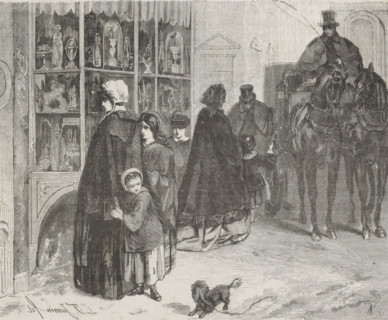 Sinterklaas Day, print, book illustration, A woman and two children are standing in front of a shop