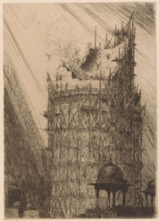 Enchanted tower, print, A tower under construction. At the upper floors several winged figures.,