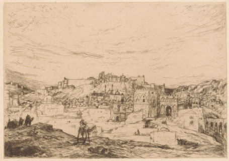 Oriental city, print, Cityscape of a city with a fortress and various mosques. In the foreground,