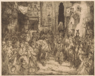 Aladdin, print, A man in Oriental clothing with his hands tied behind his back is being led down