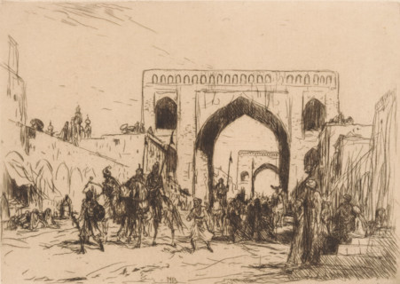 Two city gates in Hyderabad, print, A street with two city gates in Hyderabad in British India. On