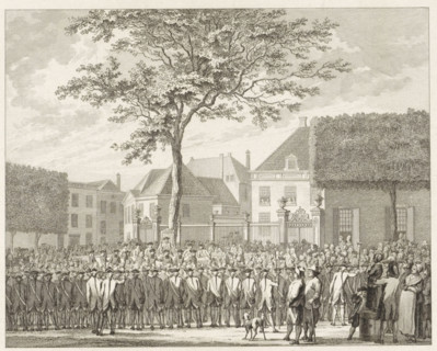 Feudal Court in Zutphen, 1764, print, Meeting of the feudal court in the open air under the oak,