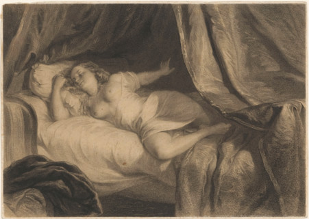 Half-naked sleeping young woman, print, The woman lies in a bed. Heavy pieces of fabric hang from