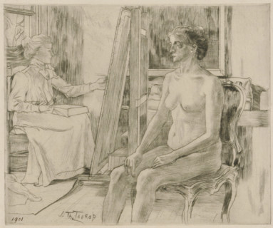 The model (original title), Artist working from a female nude model, print, printmaker: Jan Toorop