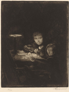 Drawing children at dusk, print, printmaker: Albert Besnard (signed by artist), France, 1859 -