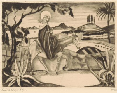 Flight into Egypt, La Fuite en Egypte II (original title), print, Mary riding on a donkey in a