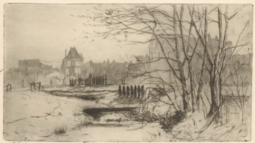 Spring (original title on object), print, Bare trees by a ditch. In the background the silhouettes